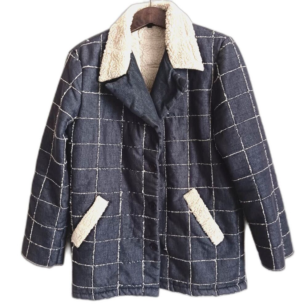 Private Bomber Jacket Mens Large Blue Chambray Cream Fleece Coat Quilted Granola